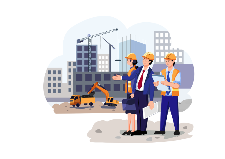 Ilustrace stavby s pracovníky